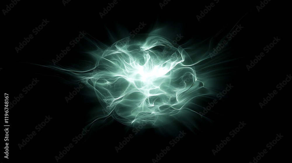 abstract design featuring green, glowing wave-like particles that appear to be flying and moving outward from the center of an exploding sphere abstract design featuring green, glowing wave-like particles that appear to be flying and moving outward from the center of an exploding sphere