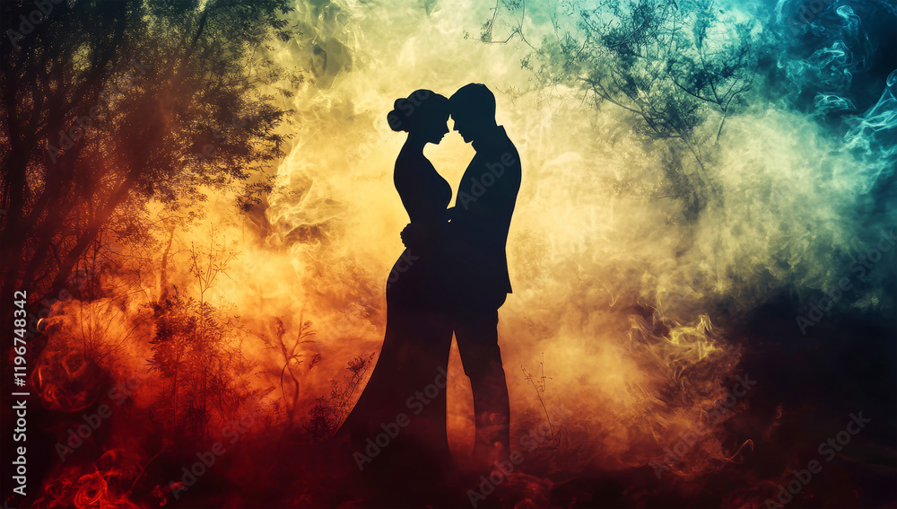 Couple embracing in a fantasy forest engulfed in smoke and flames under dramatic lighting Couple embracing in a fantasy forest engulfed in smoke and flames under dramatic lighting