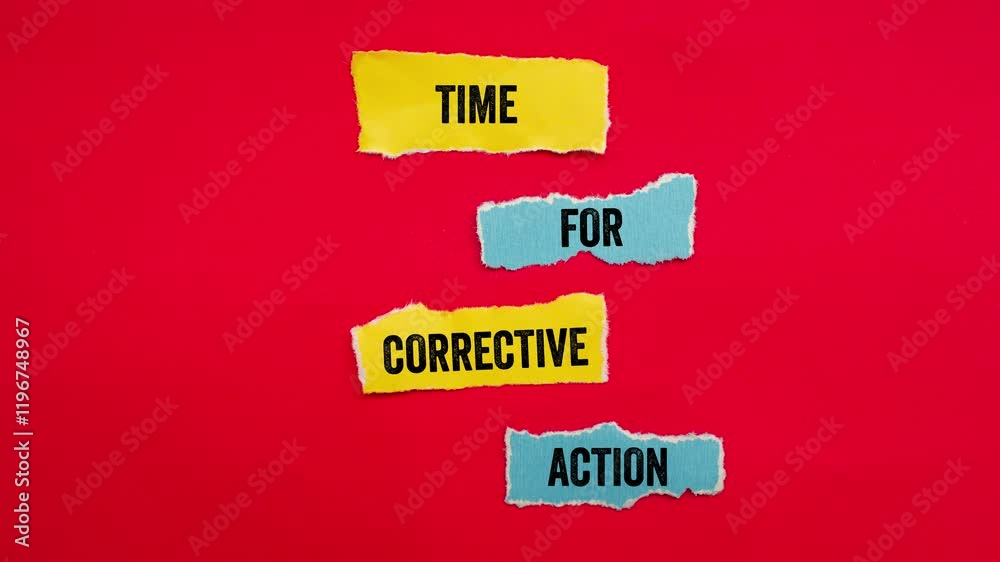 Time for corrective action message writing on ripped torn paper pieces on red background