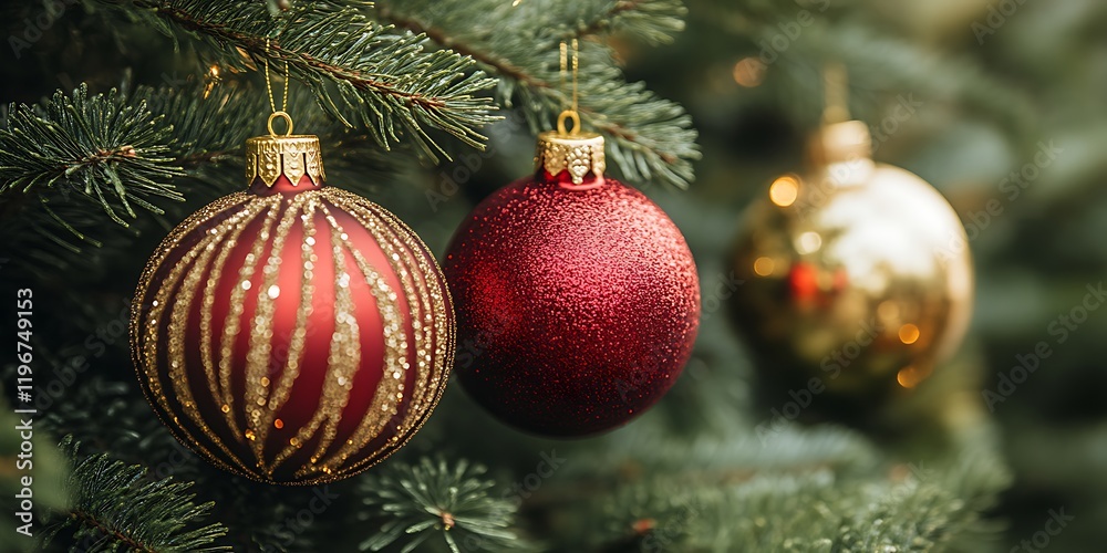 Red and Gold Christmas Ornaments on Tree.