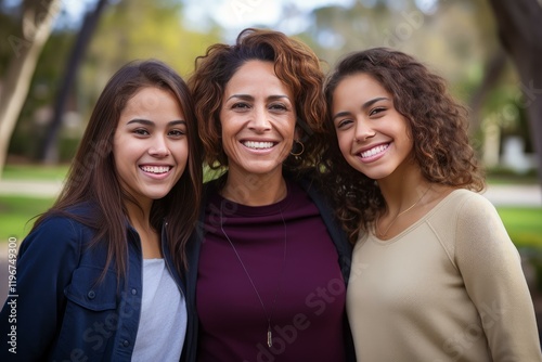 Happy hispanic mother and her teen daughters are smiling and posing together outdoors in a park