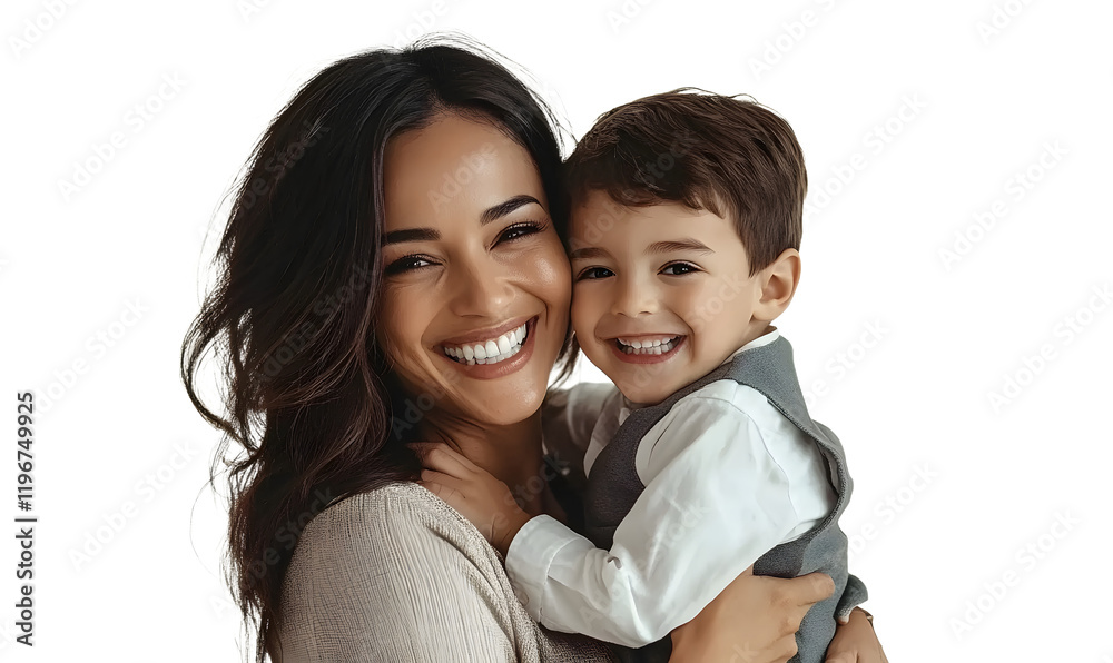 Smiling mother hugging and having fun with her son, family relationship and motherhood concept, isolated on transparent background Smiling mother hugging and having fun with her son, family relationship and motherhood concept, isolated on transparent background