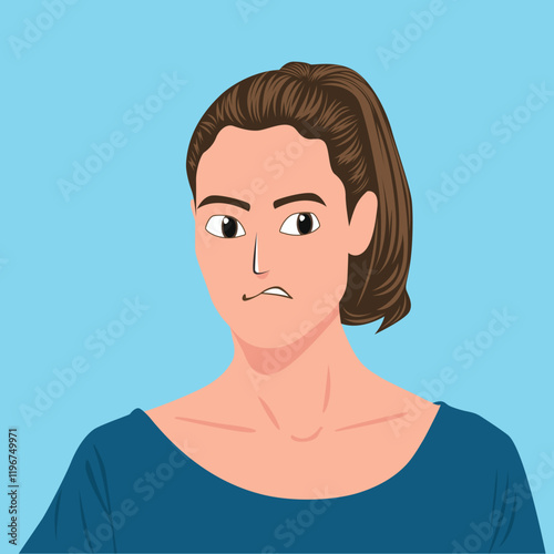 Vector digital artwork depicting a woman with brown hair, tied in a ponytail, and wearing a blue shirt, showing a confused or anxious face, against a plain blue background.