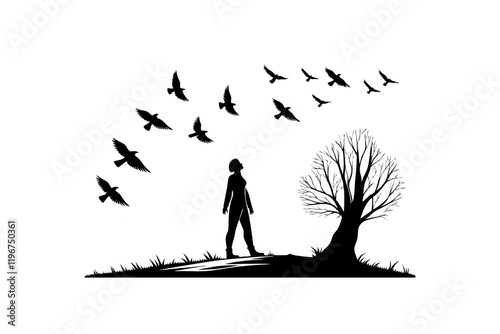 A silhouette of a person walking beside a blossoming tree under a sky filled with birds in flight, embodying connection with the natural world, isolated on a transparent background photo