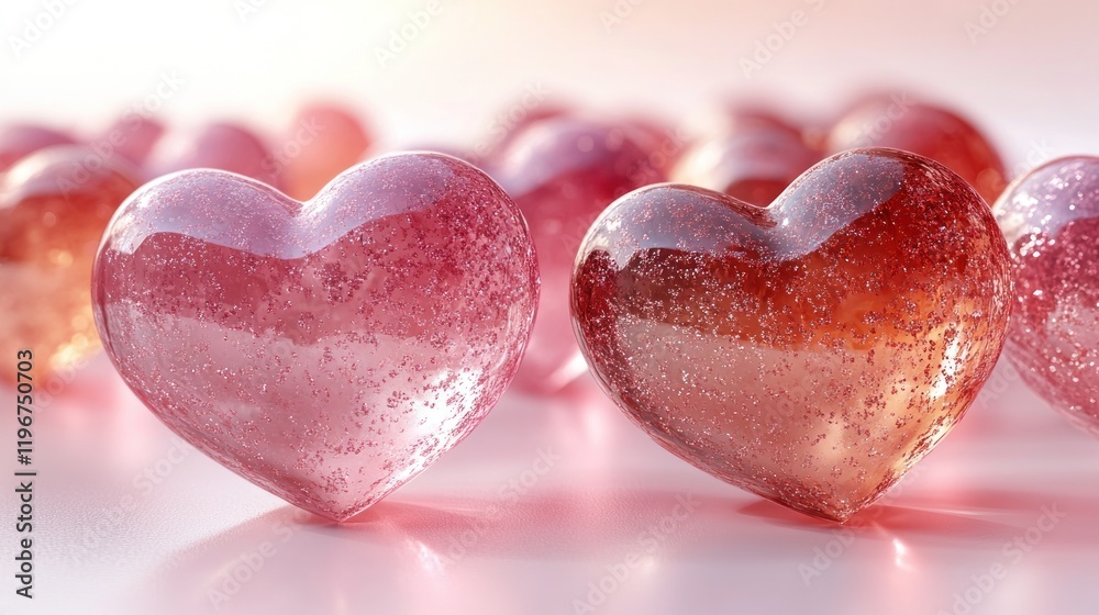 Fototapeta premium Pink glass hearts, close-up, romantic background, Valentine's Day card