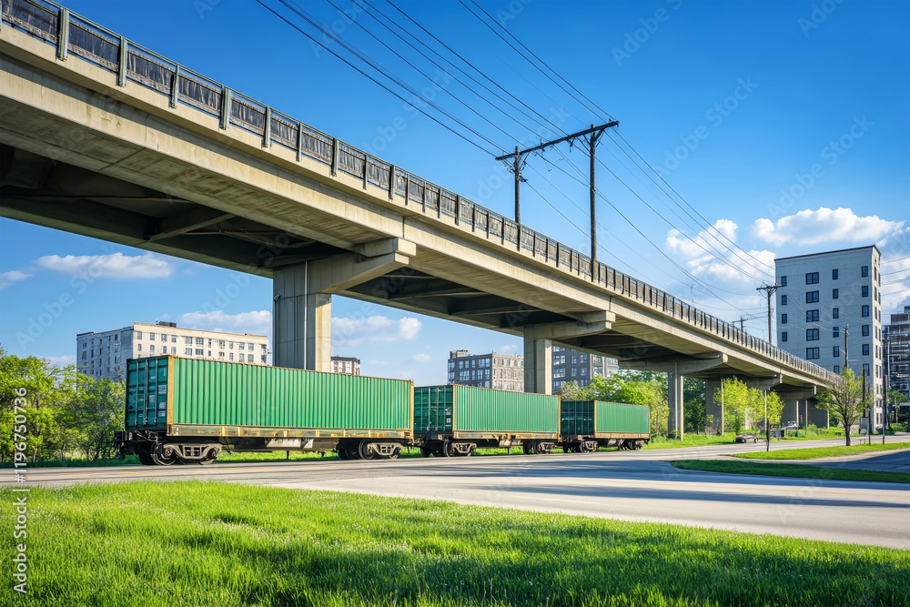 Freight cars in vibrant green paint glide beneath a sunlit industrial overpass in a lively urban setting Freight cars in vibrant green paint glide beneath a sunlit industrial overpass in a lively urban setting