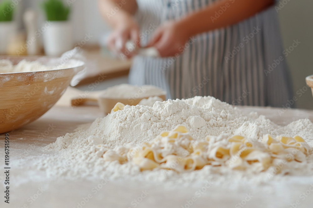 Flour and fresh pasta on a wooden table with blurred people preparing dough in the background. Homemade cooking process concept for kitchen and culinary design Flour and fresh pasta on a wooden table with blurred people preparing dough in the background. Homemade cooking process concept for kitchen and culinary design