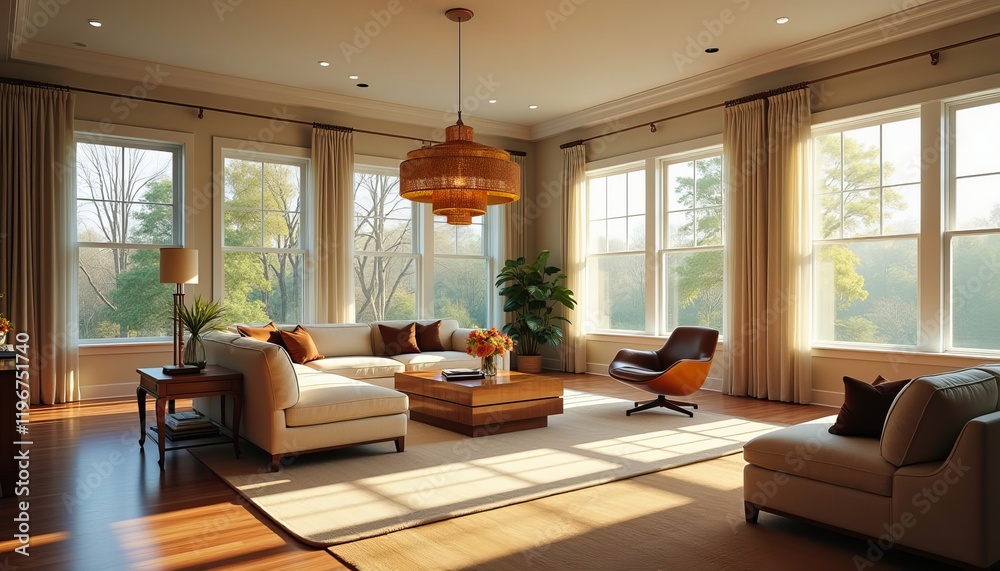 Fototapeta premium Sunlit living room with large windows, sectional sofa, and wooden coffee table. Warm, inviting atmosphere.