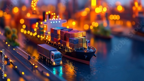 Night cargo ship at dock with truck.