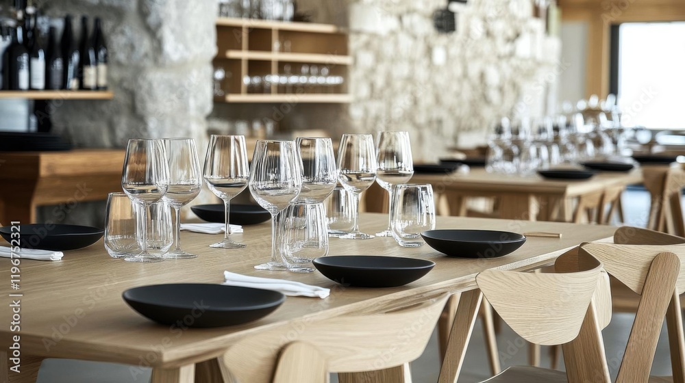 Empty wine glasses and plates on wooden table in restaurant, closeup. Empty wine glasses and plates on wooden table in restaurant, closeup.