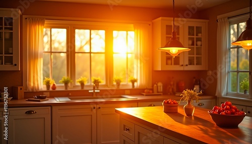 Warm sunset light illuminates a bright kitchen, highlighting a kitchen island with bowls of fruit.  A peaceful and inviting home cooking atmosphere.
