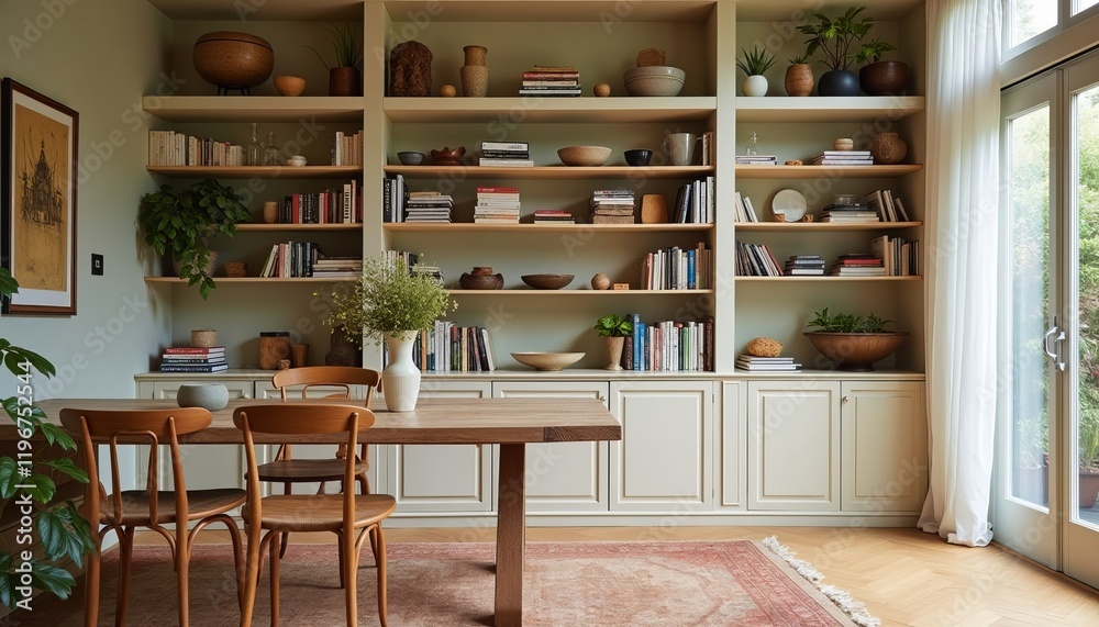 Modern dining room with built-in bookshelves and a wooden dining table. Natural light floods the space, creating a calm and inviting atmosphere. Modern dining room with built-in bookshelves and a wooden dining table. Natural light floods the space, creating a calm and inviting atmosphere.