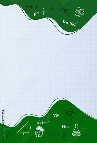Vertical school education background template with abstract form teal green spots frame math graph empty background , emoji and education formulas.free copy space.