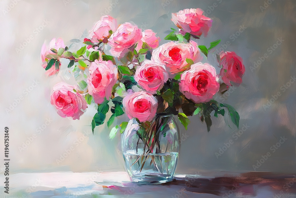 A Delicate Arrangement of Pink Roses in a Glass Vase. A Delicate Arrangement of Pink Roses in a Glass Vase.