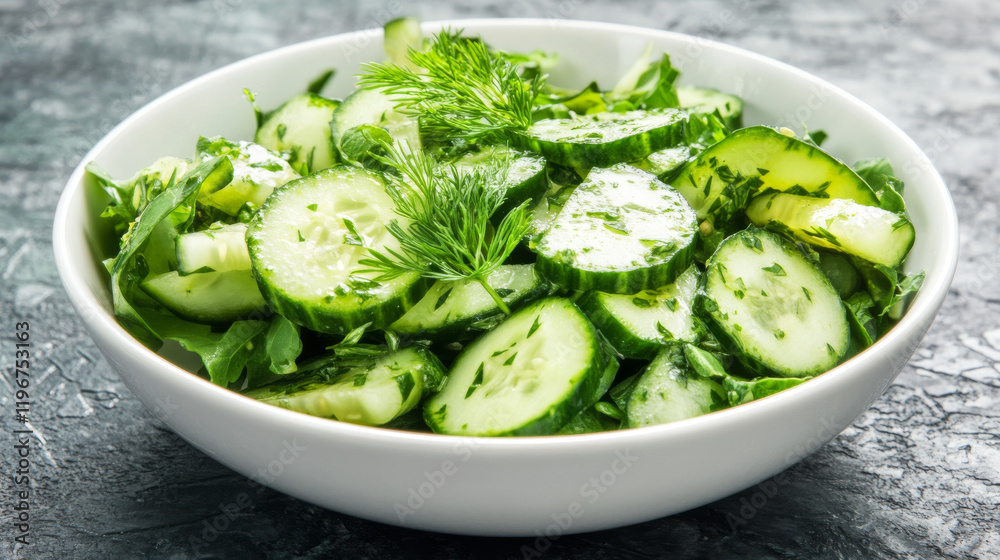 Fresh Cucumber and Dill Salad in a White Bowl Fresh Cucumber and Dill Salad in a White Bowl