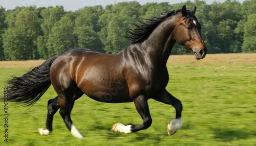 Majestic Horse in Full Gallop Across a Green Field