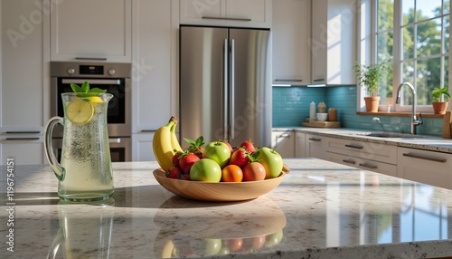 Refreshing lemonade and fresh fruit on a kitchen counter.  Sunlight streams through a window, illuminating a bright and healthy scene.