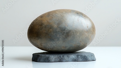 A smooth, gray, egg-shaped sculpture sits on a dark platform photo