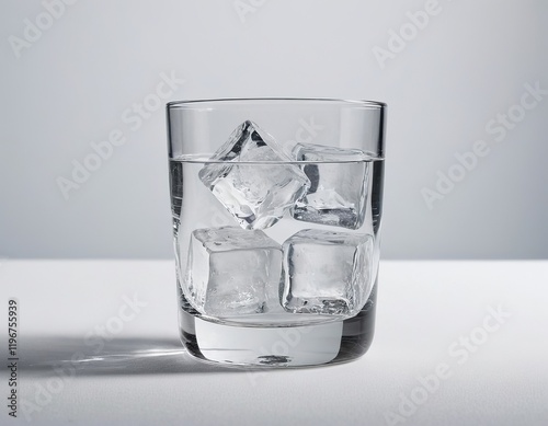 A glass tumbler filled with clear water and ice cubes, creating a refreshing and cool aesthetic.