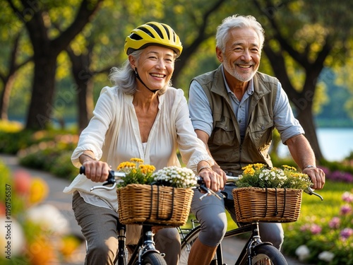 Cheerful active senior couple with bicycle in public park together having fun lifestyle. Perfect activities for elderly people. Happy mature couple riding bikes, bicycles in park