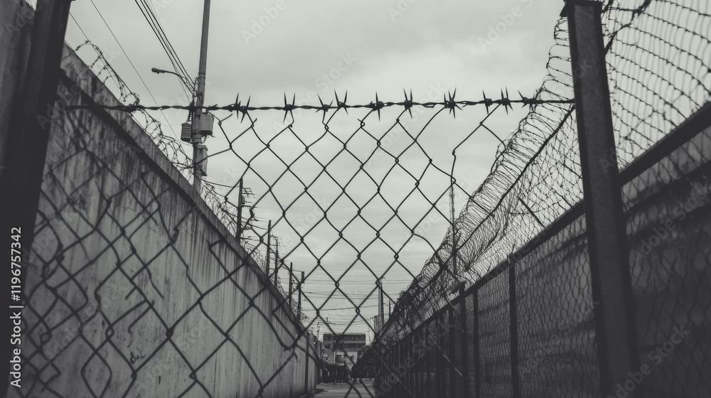 Monochrome view of a chain-link fence with barbed wire, creating a perspective of confinement and restriction. Monochrome view of a chain-link fence with barbed wire, creating a perspective of confinement and restriction.
