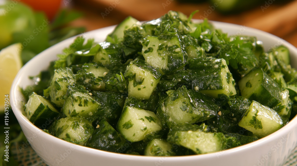 Refreshing Cucumber and Cilantro Salad in a White Bowl Refreshing Cucumber and Cilantro Salad in a White Bowl