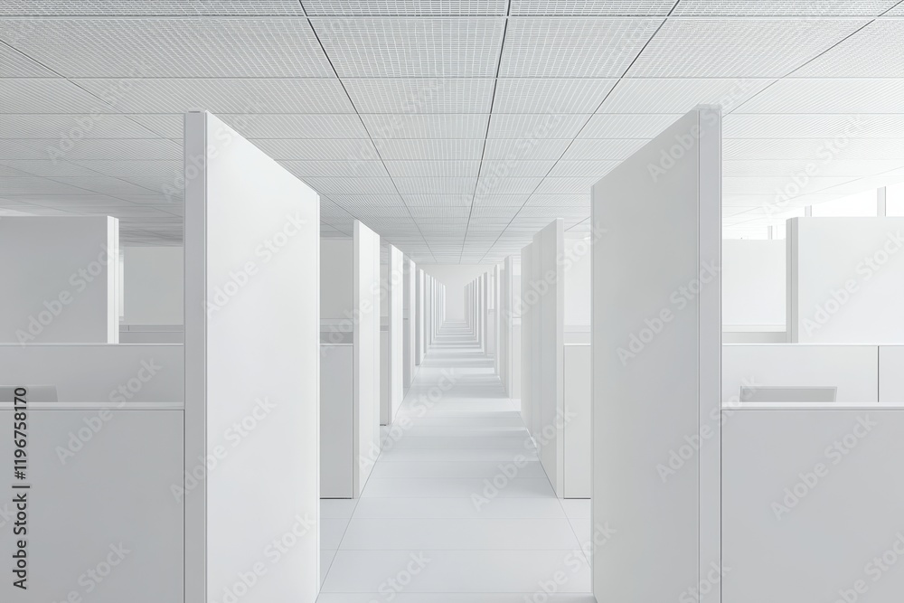 Obraz premium An empty modern office with rows of cubicles, captured in high resolution with the best camera settings for capturing sharp details and realistic textures.