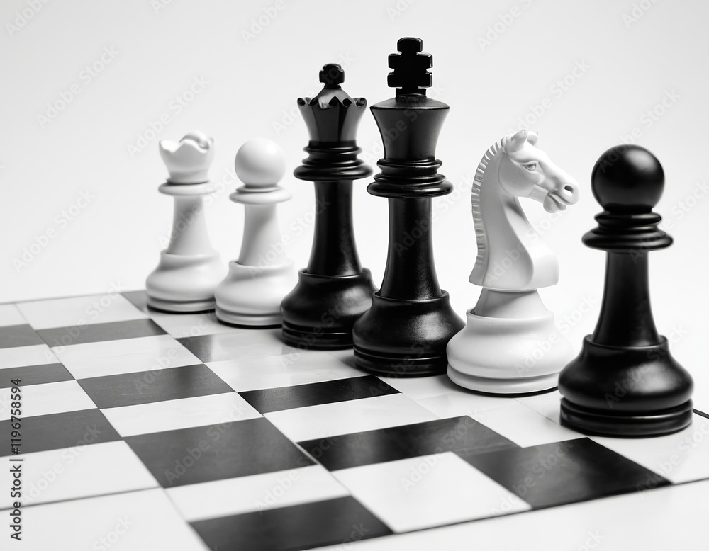A black and white chess set with elegant pieces, featuring a knight, queen, and rook in a minimalist setting. A black and white chess set with elegant pieces, featuring a knight, queen, and rook in a minimalist setting.