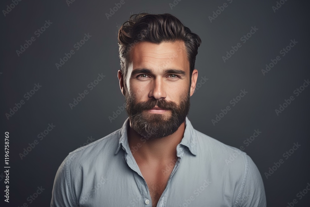 Fototapeta premium Studio portrait of a handsome businessman with a well groomed beard and hairstyle, exuding confidence against a gray backdrop