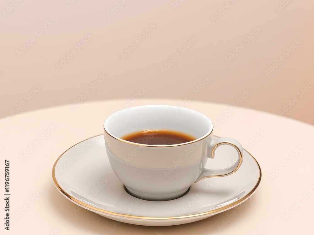 Empty pastel cup and saucer on modern table setting with blank plate, elegant beige background, pastel, coffee, tea Empty pastel cup and saucer on modern table setting with blank plate, elegant beige background, pastel, coffee, tea