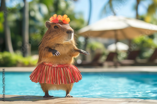 Capybara with flower crown wearing hawaiian skirt dancing by the poolside of a tropical resort photo