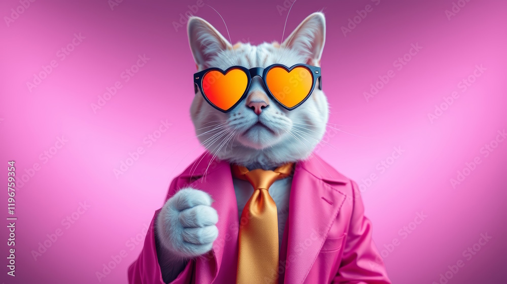 Valentine cat with heart-shaped glasses and pink jacket Valentine cat with heart-shaped glasses and pink jacket