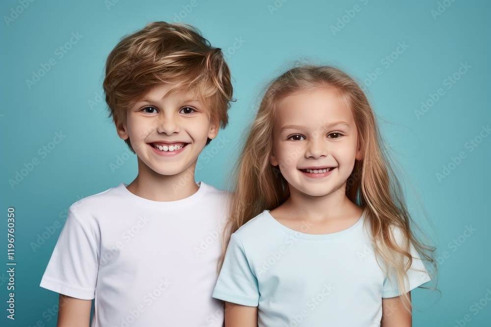 Portrait of two happy smiling kids posing together on a blue background, showing their perfect teeth Portrait of two happy smiling kids posing together on a blue background, showing their perfect teeth