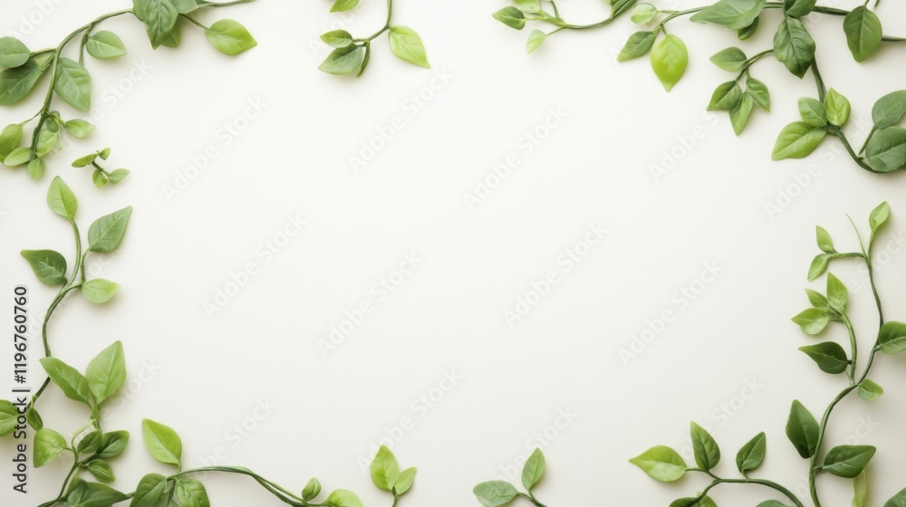 A serene arrangement of green leaves forming a natural frame on a light background, ideal for highlighting text or images. A serene arrangement of green leaves forming a natural frame on a light background, ideal for highlighting text or images.