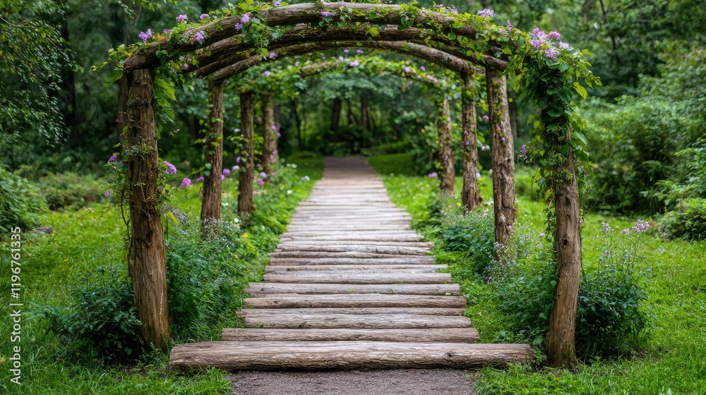 Wooden arch pathway in lush garden, leading to forest. Use Wedding, travel brochure Wooden arch pathway in lush garden, leading to forest. Use Wedding, travel brochure