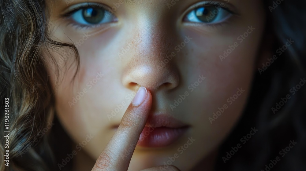 Young Girl with Finger on Nose, Silent and Pensive Young Girl with Finger on Nose, Silent and Pensive