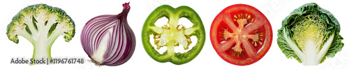 PNG Colorful sliced fresh vegetables display, element set on transparent background