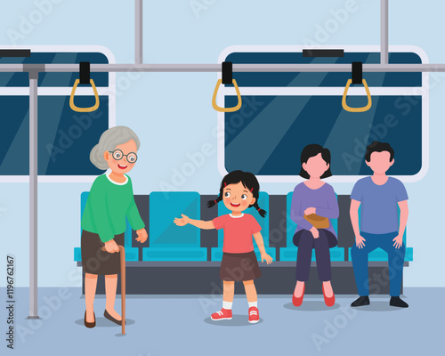 Cute little girl offering seat to elderly woman in public transportation