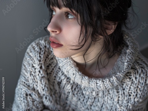 Portrait of thoughtful young woman with lighted background, creating a mirror-like effect.