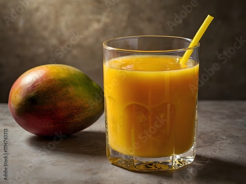 Fresh tropical fruit smoothie mango juice on wooden background with leaves and fruits.