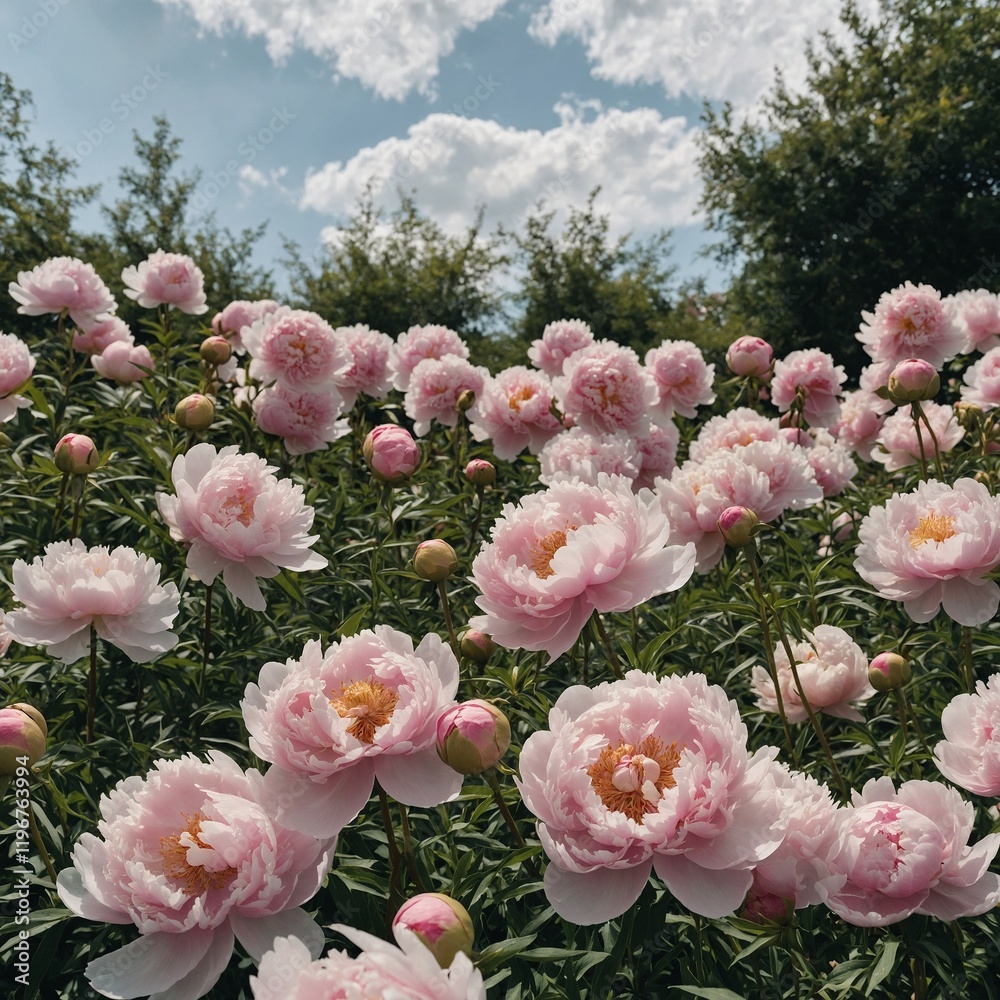Fototapeta premium A garden of soft pink peonies blooming with a radiant white sky above.
