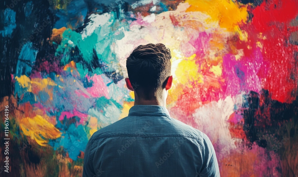 Obraz premium Person observes vibrant, abstract painted artwork.
