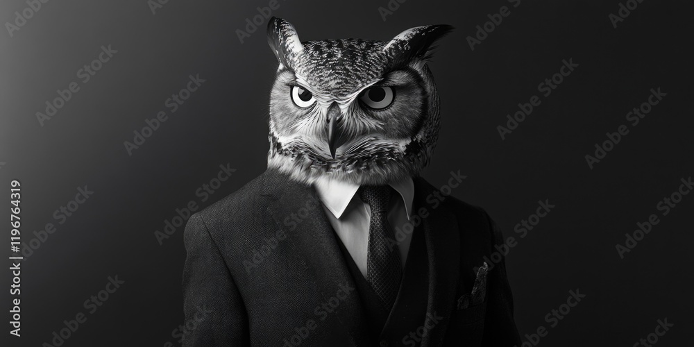 Obraz premium Man dressed in a suit and tie is wearing an owl head. The image has a dark and mysterious mood, as the owl head is a symbol of wisdom and intelligence
