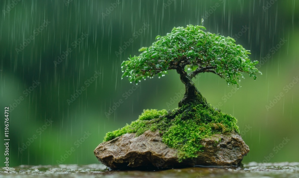 Naklejka premium Bonsai Tree in Rain with Mossy Rock and Blurred Green Background