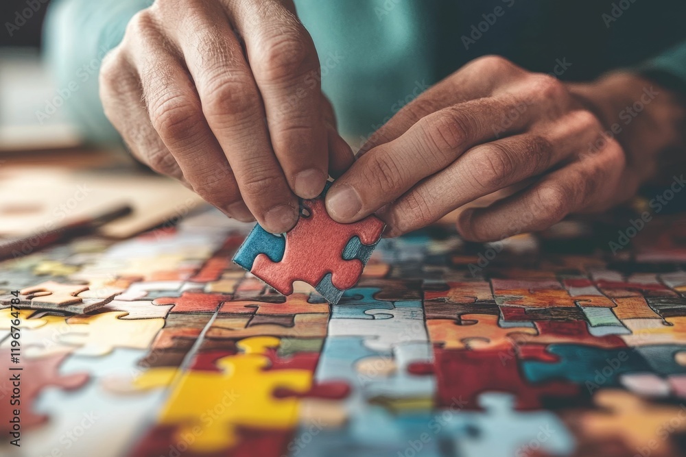 Hands placing puzzle piece, colorful jigsaw nearly complete. Hands placing puzzle piece, colorful jigsaw nearly complete.