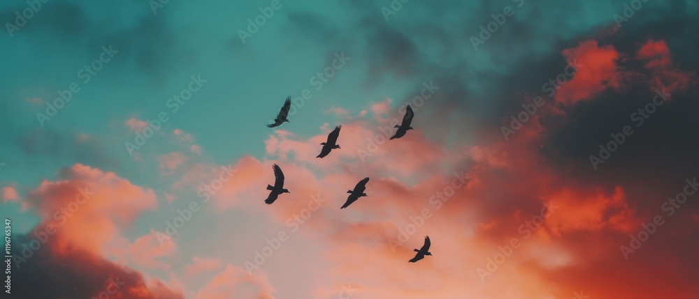 Birds soaring in formation against a vibrant sky during sunset Birds soaring in formation against a vibrant sky during sunset