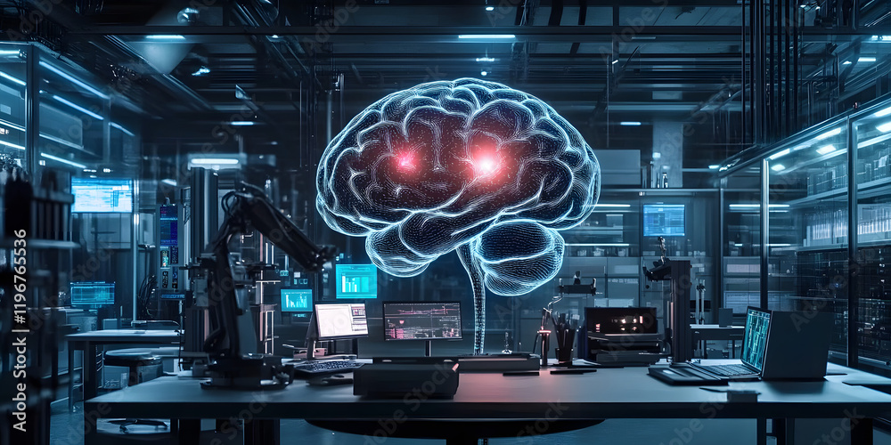 Artificial intelligence brain in factory lab for futuristic research, technology innovation and machine learning network and AI tools as wide banner hologram. Artificial intelligence brain in factory lab for futuristic research, technology innovation and machine learning network and AI tools as wide banner hologram.