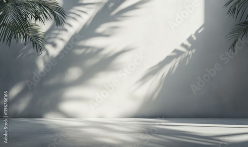 An abstract background in neutral gray hues, left empty for product presentation, with the shadows of tropical palm leaves on the wall for a contemporary minimalist mocku photo