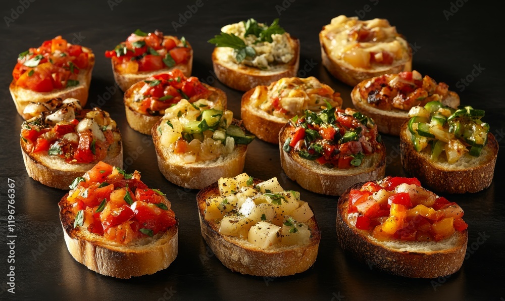 Assorted bruschetta with fresh toppings on toasted bread arranged on a dark surface Assorted bruschetta with fresh toppings on toasted bread arranged on a dark surface