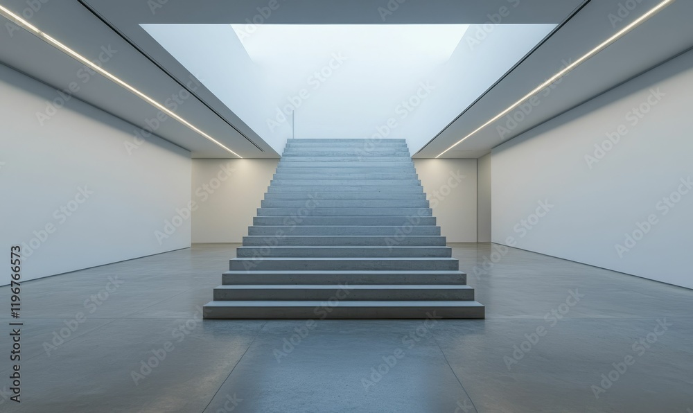 Obraz premium Modern concrete staircase, minimalist interior, bright overhead light.